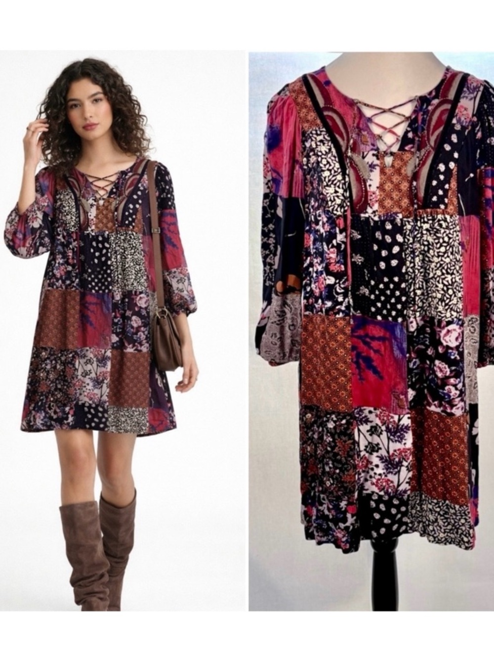 ONE SEPTEMBER Anthro Arcata Patchwork Beaded Lace Up Swing Dress Sz Small💛